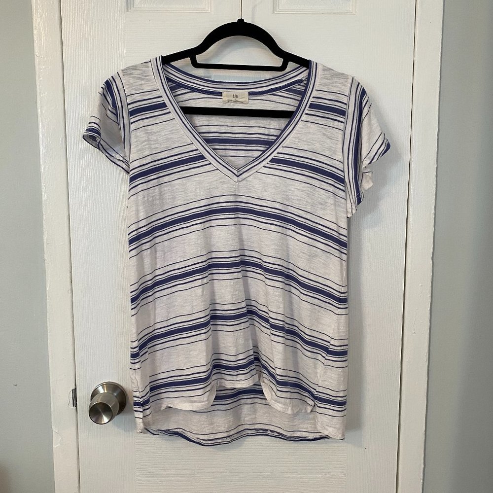 Anthropologie Blue & White Striped V-neck Shirt